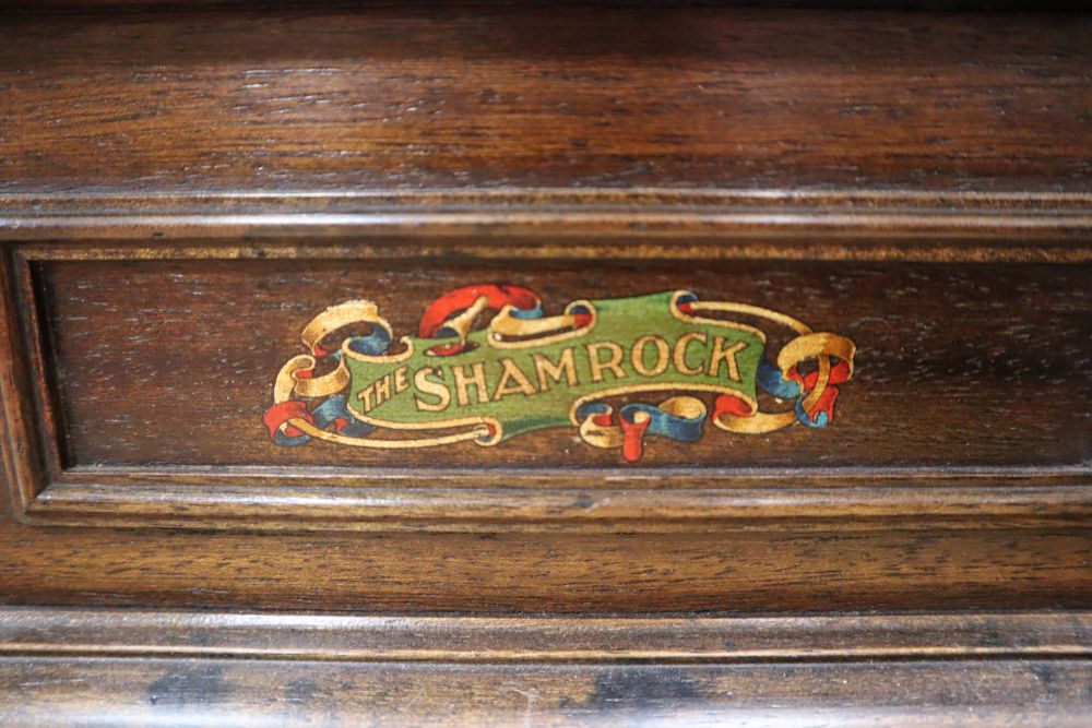 A table gramophone, The Shamrock, with horn, needles and two 78rpm records